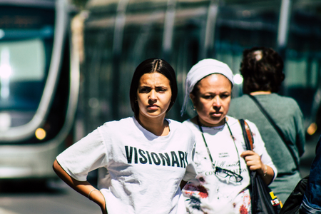 Jerusalem Israel July 2, 2019 View of unknown Israeli people at the tramway station in Jaffa street in the morningのeditorial素材