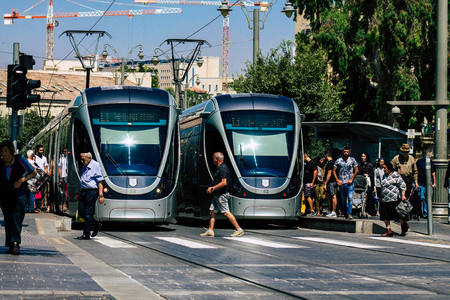 Jerusalem Israel July 2, 2019 View of the tramway of Jerusalem also called light train rolling in Jaffa street in the morningのeditorial素材