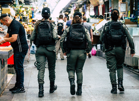 Jerusalem Israel July 2, 2019 View of Israeli police walking in the streets of Jerusalem in the afternoonのeditorial素材