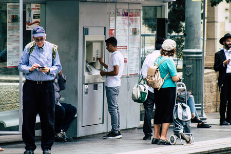 Jerusalem Israel July 2, 2019 View of unknown Israeli people at the tramway station in Jaffa street in the morningのeditorial素材