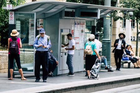 Jerusalem Israel July 2, 2019 View of unknown Israeli people at the tramway station in Jaffa street in the morningのeditorial素材