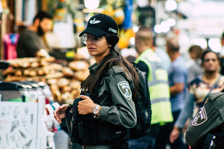 Jerusalem Israel July 2, 2019 View of Israeli police walking in the streets of Jerusalem in the afternoonのeditorial素材