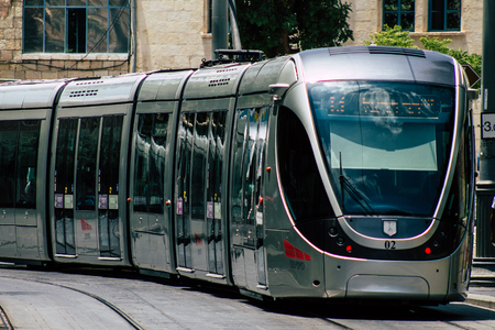 Jerusalem Israel July 2, 2019 View of the tramway of Jerusalem also called light train rolling in Jaffa street in the morningのeditorial素材