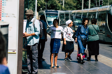 Jerusalem Israel July 2, 2019 View of unknown Israeli people at the tramway station in Jaffa street in the morningのeditorial素材