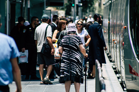 Jerusalem Israel July 2, 2019 View of unknown Israeli people at the tramway station in Jaffa street in the morningのeditorial素材