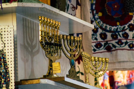Jerusalem Israel July 3, 2019 Closeup of decorative objects sold in a souvenirs shop at the bazaar of the Old city of Jerusalem in the morningのeditorial素材