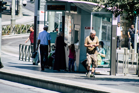 Jerusalem Israel July 2, 2019 View of unknown Israeli people at the tramway station in Jaffa street in the morningのeditorial素材