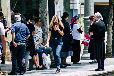 Jerusalem Israel July 2, 2019 View of unknown Israeli people at the tramway station in Jaffa street in the morningのeditorial素材