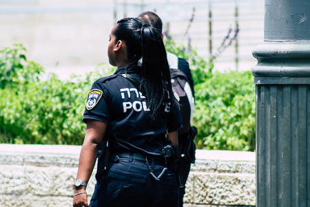 Jerusalem Israel July 2, 2019 View of Israeli police walking in the streets of Jerusalem in the afternoonのeditorial素材