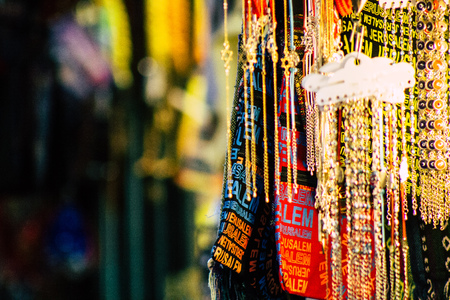 Jerusalem Israel July 3, 2019 Closeup of decorative objects sold in a souvenirs shop at the bazaar of the Old city of Jerusalem in the morningのeditorial素材