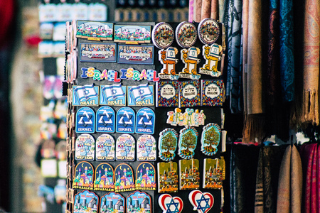 Jerusalem Israel July 3, 2019 Closeup of decorative objects sold in a souvenirs shop at the bazaar of the Old city of Jerusalem in the morningのeditorial素材