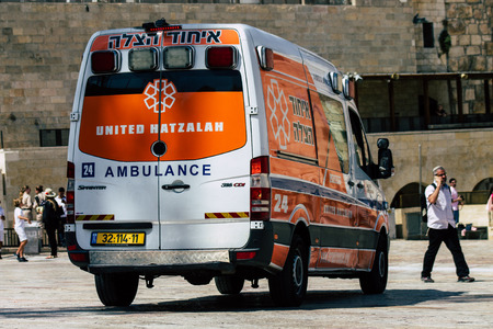 Jerusalem Israel July 3, 2019 View of a Israeli ambulance rolling front the Western Wall in the Old...