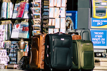Jerusalem Israel July 3, 2019 Closeup of decorative objects sold in a souvenirs shop at the bazaar of the Old city of Jerusalem in the morningのeditorial素材