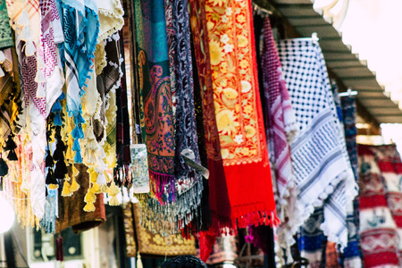 Jerusalem Israel July 3, 2019 Closeup of decorative objects sold in a souvenirs shop at the bazaar of the Old city of Jerusalem in the morningのeditorial素材