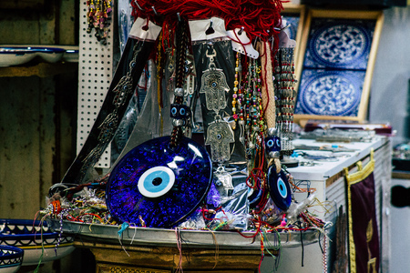 Jerusalem Israel July 3, 2019 Closeup of decorative objects sold in a souvenirs shop at the bazaar of the Old city of Jerusalem in the morningのeditorial素材