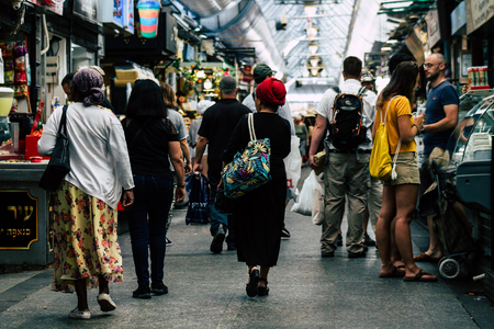 Jerusalem Israel July 3, 2019 View of unknowns Israeli people walking and shopping at the Mahane Yehuda Market in Jerusalem in the morningのeditorial素材