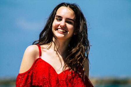 Tel Aviv Israel July 6, 2019 View of unknown teen having fun on the beach of Tel Aviv during a sunny day in the afternoonのeditorial素材