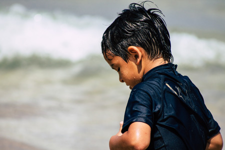 Tel Aviv Israel July 6, 2019 View of unknown Israeli child having fun on the beach of Tel Aviv...