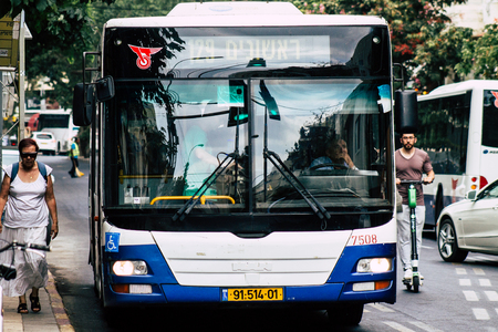 Tel Aviv Israel July 8, 2019 View of traditional city bus rolling in the streets of Tel Aviv in the afternoonのeditorial素材