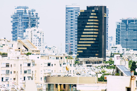 Tel Aviv Israel July 9, 2019 View of buildings from a roof top located in Ben Yehuda street in Tel Aviv in the morningのeditorial素材
