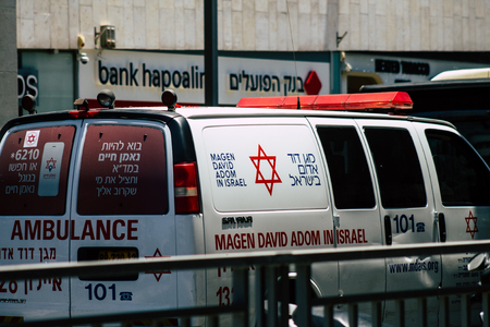 Jerusalem Israel July 10, 2019 View of a Israeli ambulance rolling in the streets of Jerusalem in the afternoonのeditorial素材