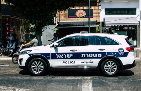 Tel Aviv Israel July 11, 2019 View of a Israeli police car rolling in the streets of Tel Aviv in the afternoonのeditorial素材