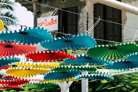 Tel Aviv Israel July 16, 2019 View of Colorful parasols at the carmel market in Tel Avivのeditorial素材
