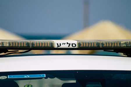 Tel Aviv Israel July 18, 2019 View of a Israeli police car parked in the street of Tel Aviv in the afternoonのeditorial素材