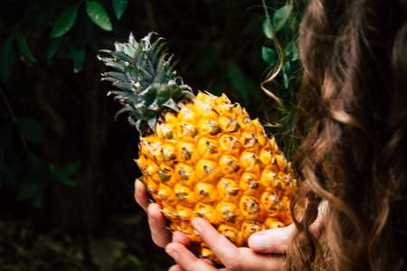 Tel Aviv Israel July 18, 2019 Closeup of an unknown young woman holding a small pineapple on nature backgroundのeditorial素材