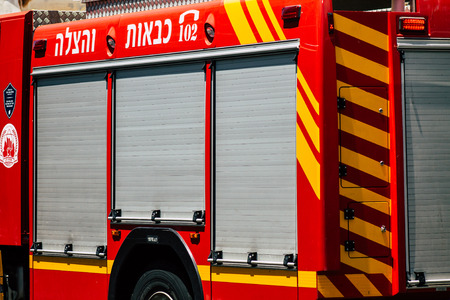 Tel Aviv Israel July 22, 2019 View of a Israeli fire truck parked in the streets of Tel Aviv in the...