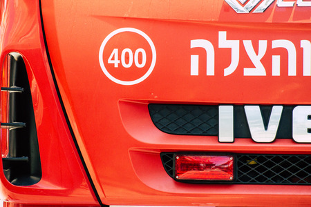 Tel Aviv Israel July 22, 2019 View of a Israeli fire truck parked in the streets of Tel Aviv in the afternoonのeditorial素材