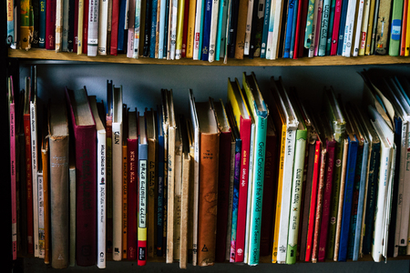Tel Aviv Israel July 21, 2019 View of an ample selection of used Hebrew and English books in a warm,...