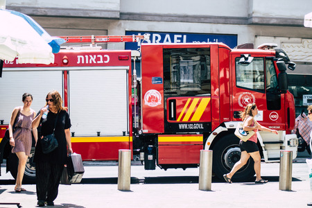 Tel Aviv Israel July 22, 2019 View of a Israeli fire truck parked in the streets of Tel Aviv in the...