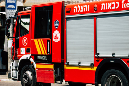 Tel Aviv Israel July 22, 2019 View of a Israeli fire truck parked in the streets of Tel Aviv in the...
