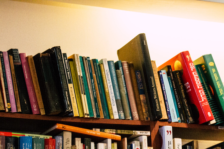 Tel Aviv Israel July 21, 2019 View of an ample selection of used Hebrew and English books in a warm,...