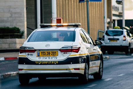 Tel Aviv Israel July 21, 2019 View of a Israeli police car rolling in the streets of Tel Aviv in the afternoonのeditorial素材