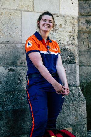Reims France June 1, 2019 View of a team of French civil protection patrolling the streets of Reims after middayのeditorial素材