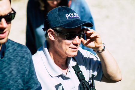 Reims France June 1, 2019 View of French policemen patrolling in the streets of  Reims in the...