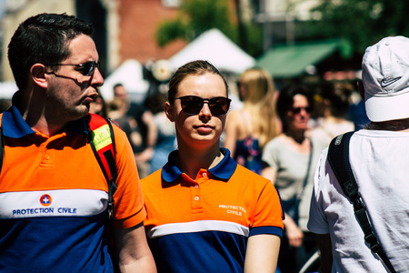 Reims France June 1, 2019 View of a team of French civil protection patrolling the streets of Reims...