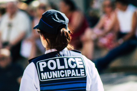 Reims France June 1, 2019 View of French policemen patrolling in the streets of  Reims in the afternoonのeditorial素材