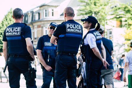 Reims France June 1, 2019 View of French policemen patrolling in the streets of  Reims in the afternoonのeditorial素材