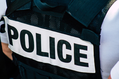 Reims France June 1, 2019 View of French policemen patrolling in the streets of  Reims in the afternoonのeditorial素材