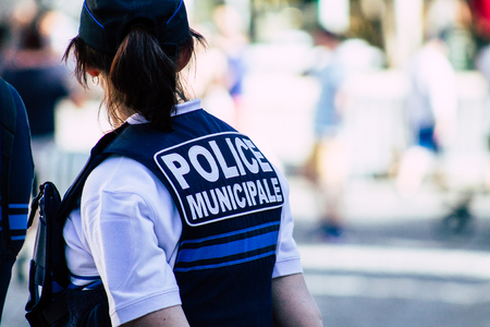 Reims France June 1, 2019 View of French policemen patrolling in the streets of  Reims in the afternoonのeditorial素材