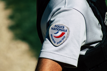 Reims France June 1, 2019 View of French policemen patrolling in the streets of  Reims in the afternoonのeditorial素材
