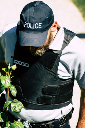 Reims France June 1, 2019 View of French policemen patrolling in the streets of  Reims in the afternoonのeditorial素材