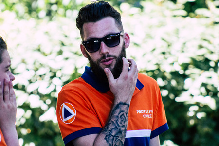 Reims France June 1, 2019 View of a team of French civil protection patrolling the streets of Reims after middayのeditorial素材
