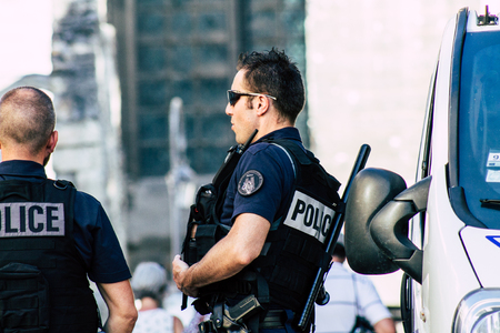 Reims France June 1, 2019 View of French policemen patrolling in the streets of  Reims in the afternoonのeditorial素材