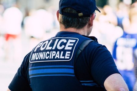 Reims France June 1, 2019 View of French policemen patrolling in the streets of  Reims in the...