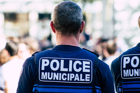 Reims France June 1, 2019 View of French policemen patrolling in the streets of  Reims in the afternoonのeditorial素材