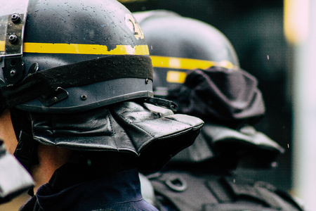Paris France May 11, 2019 View of men of the French National Police walking in the streets of Paris...
